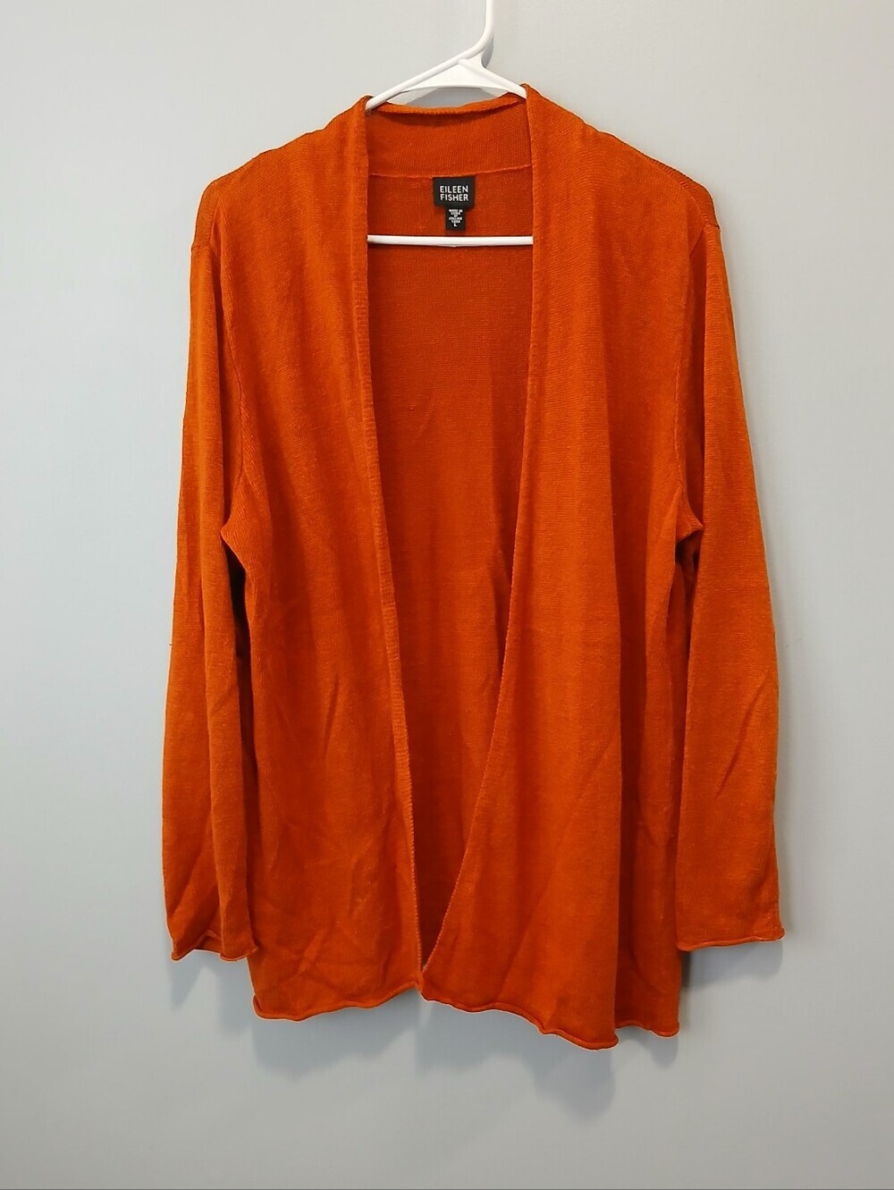 Eileen Fisher 100% Linen Italian Yarn Orange Open Front Cardigan Womens Large